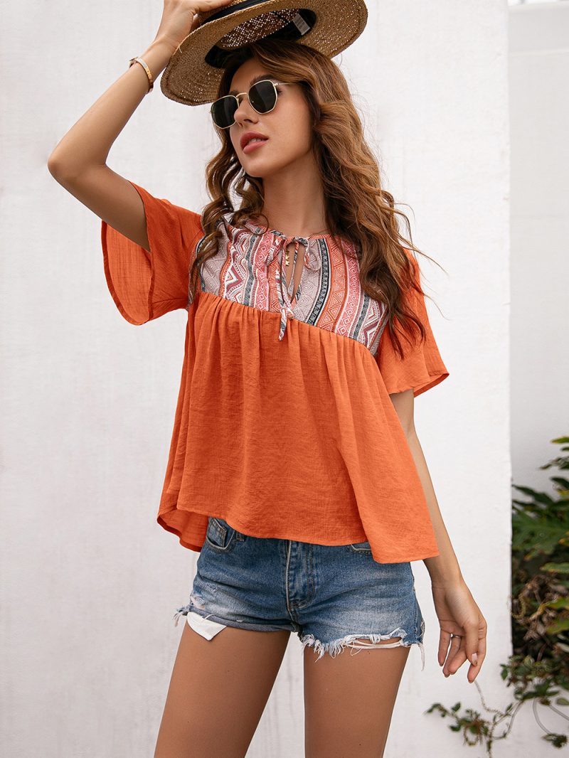 Summer Bohemian Neckline Hollow Out Lace Short Sleeve Babydoll Top for Women - Image 5