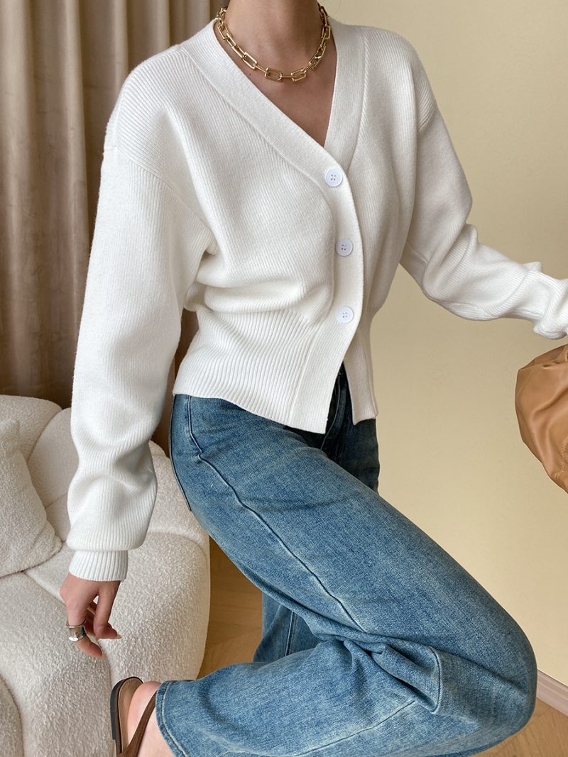 Fashionable Relaxed Feeling Early Autumn Gentle French Slit Elegant V Neck Waist Trimming Knitted Cardigan - Image 5