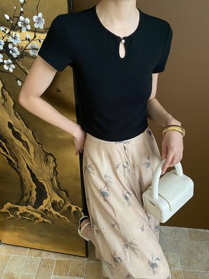 Pearl Buckle Shoulder T-Shirt