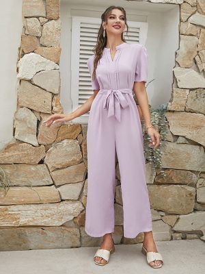 Collared Short Sleeve High Waist Wide Leg Jumpsuit