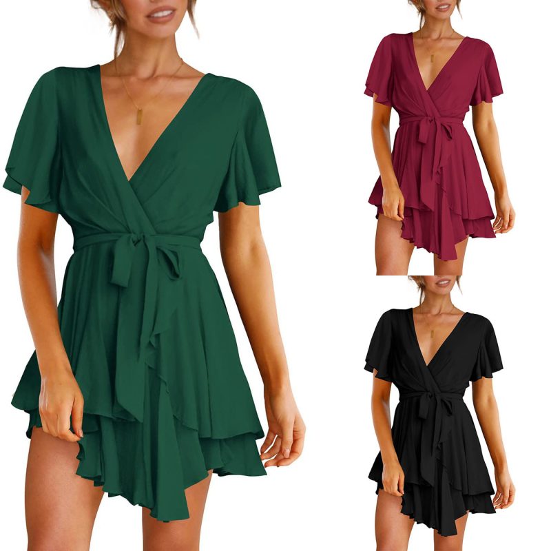 Women's Elegant Deep V-Neck Skater Dress: Lace Pleated - Image 4