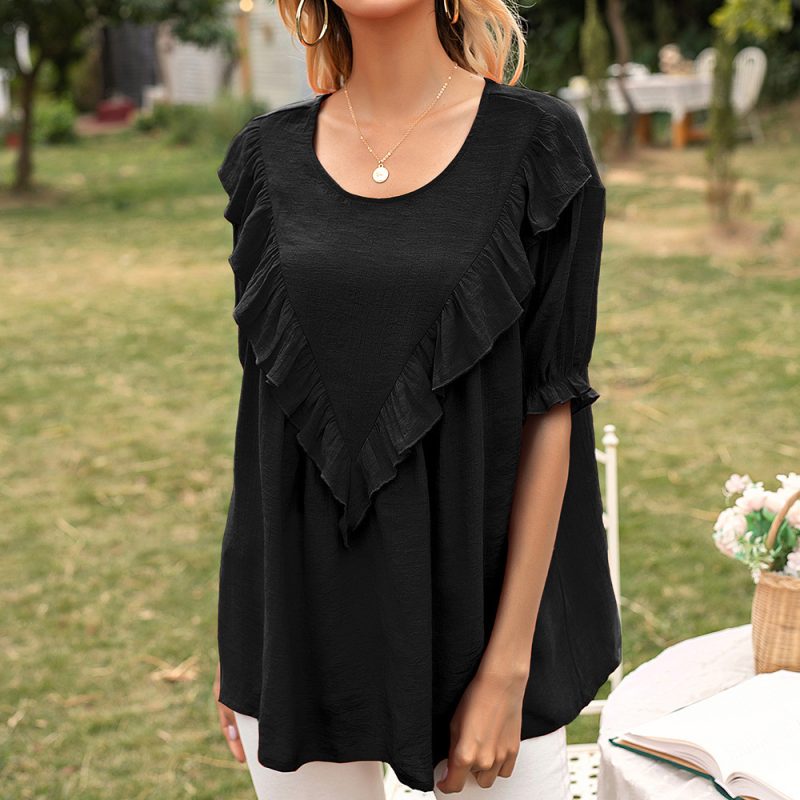 Breezy Summer Style: Loose Mid-Length Ruffled Round Neck Short Sleeve Shirt Top for Women - Image 2