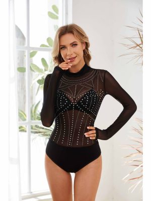 Long Sleeve Round Collar Gauze Rhinestone Jumpsuit: Women’s Clothing