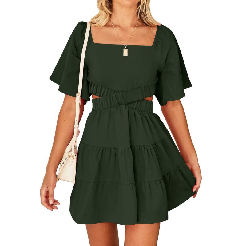 Chic Simplicity: Solid Color Square Collar Dress with Hollow Out Cutout Back - Ideal for Spring and Summer - Image 2