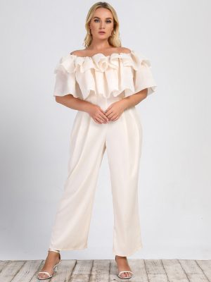 Summer New Plus Size Women’s Jumpsuit: Lotus Edge Off-Shoulder Solid Straight-Leg Office Casual Pants