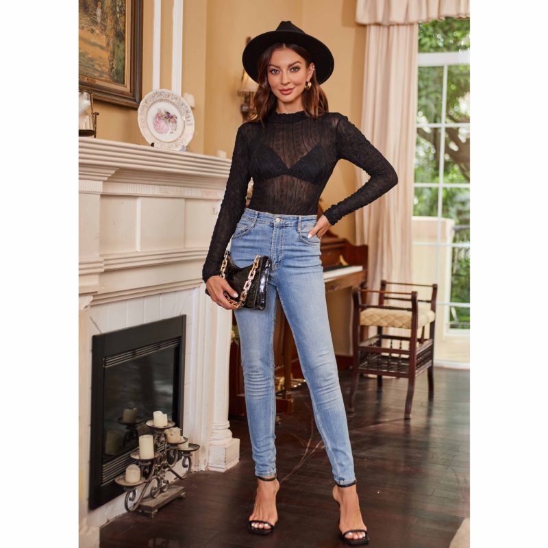 Grenadine Transparent Solid Color Jumpsuit: Women's Long Sleeve Turtleneck - Image 4