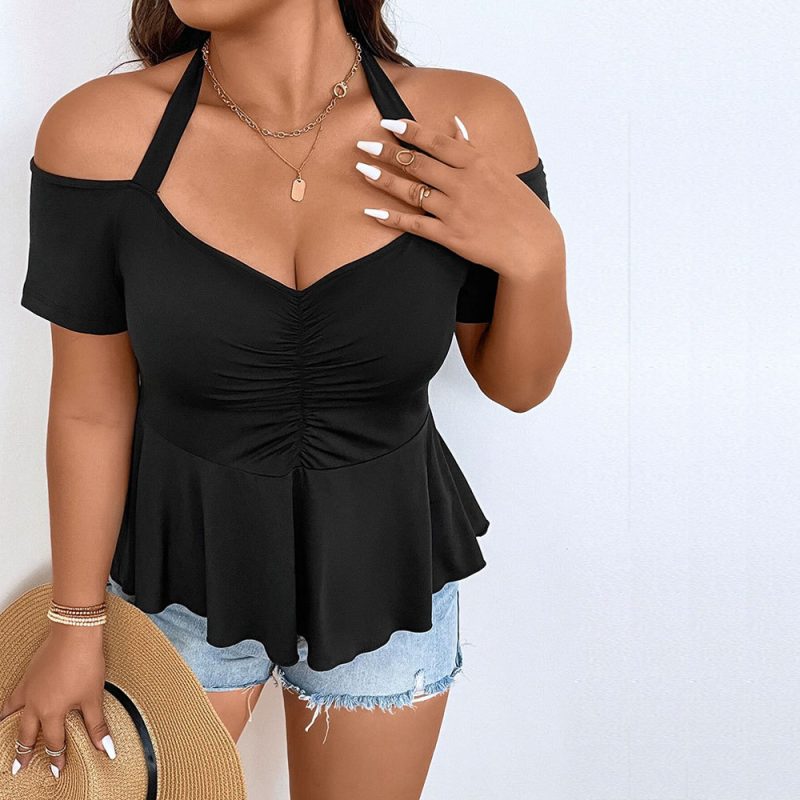 Plus Size Waist Sexy Strapless Halterneck T-Shirt: Solid Color Short Sleeve Elegant Top for Women - Image 4