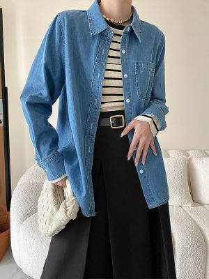 Denim Shirt with Contrast Color Bright Line Bandage Dress: Loose Fit for Early Spring