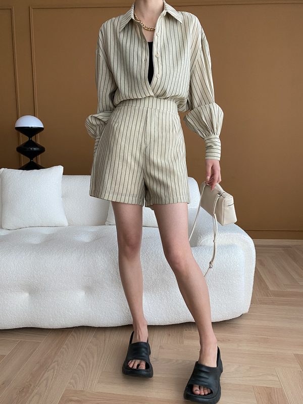 Early Spring Style: Morandi French Striped Sun Protection Shirt & Shorts Two-Piece Suit - Image 2