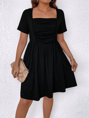 Plus Size Shein Spring/Summer Square Neck Cinched Short Sleeve Dress