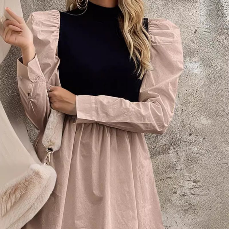 Spring/Summer Half Turtleneck Contrasting Color Dress: Long Sleeve - Image 3