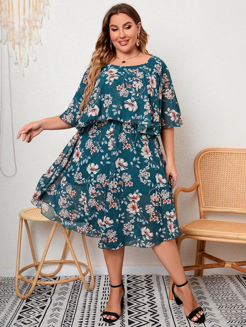 Plus Size Ladies Round Neck Ruffled Waist Tight Elegant Big Hem Printed Dress - Image 3