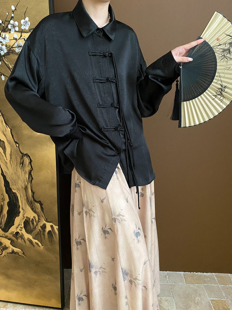 Chinese Old Money National Tassel Buckle Satin Jacquard Shirt for Early Spring - Image 2