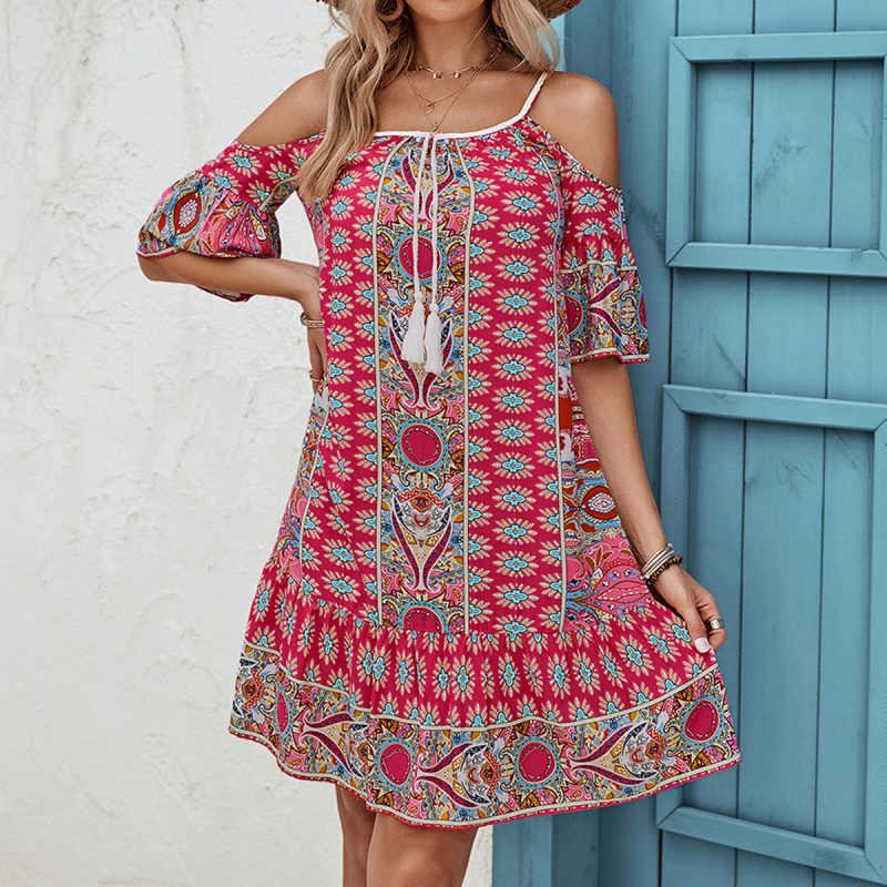 Off-the-Shoulder Strap Printed Bohemian Dress for Women - Image 3