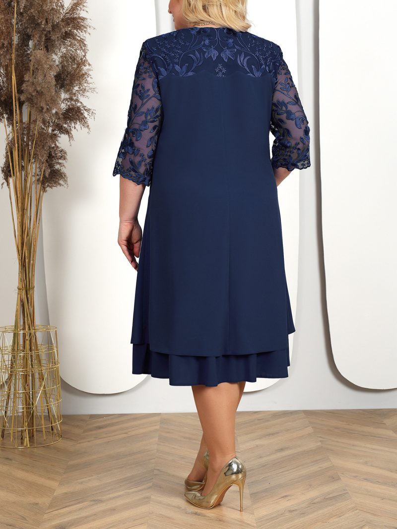 Plus Size Women's Embroidered Chiffon Stitching Round Neck Half Sleeve Elegant Casual Dress - Image 4
