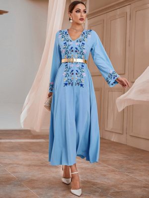 Middle Eastern Elegance: Fall V-Neck Embroidered Slim Dress with Belt, Perfect for a Modest and Stylish Look