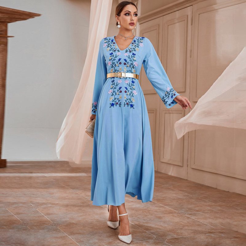Middle Eastern Elegance: Fall V-Neck Embroidered Slim Dress with Belt, Perfect for a Modest and Stylish Look