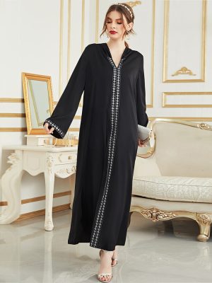 Arab V-Neck Hooded Black Robe