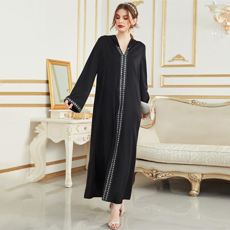 Arab V-Neck Hooded Black Robe