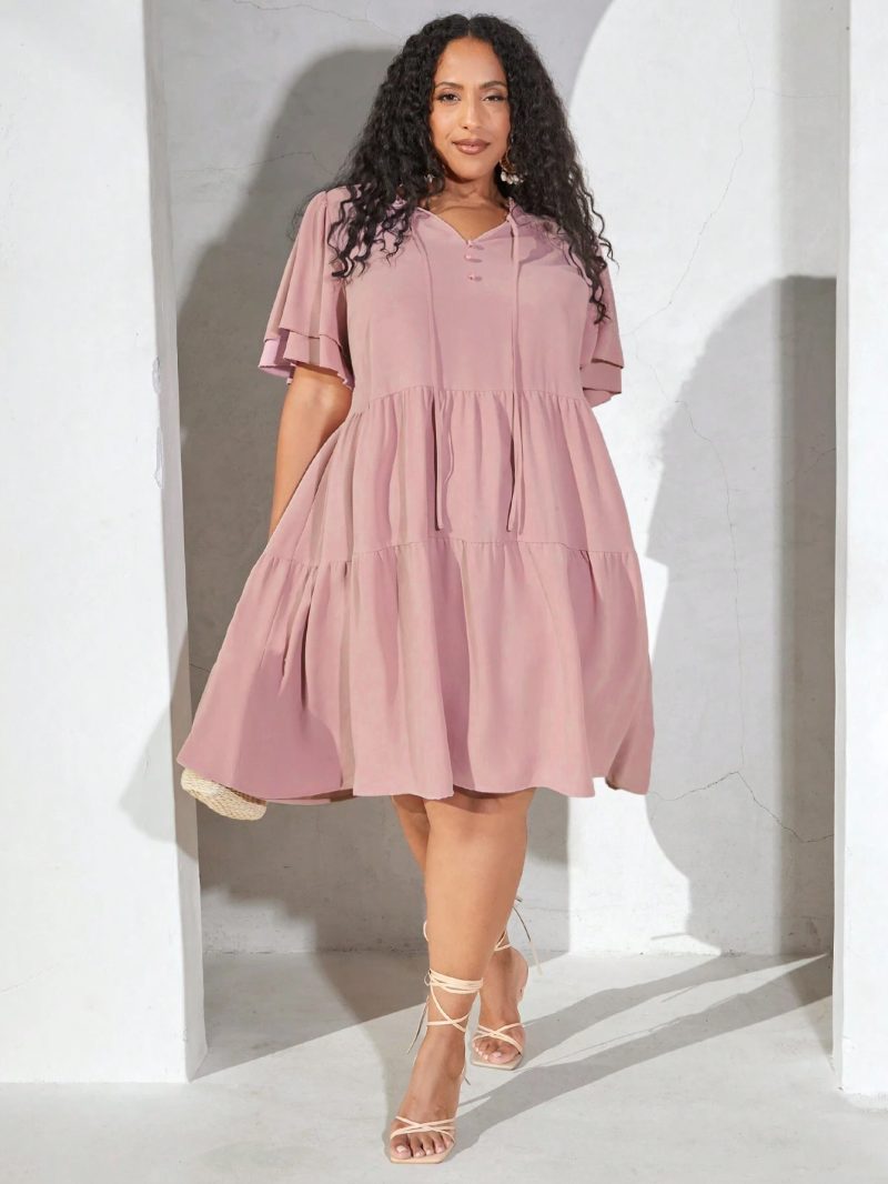 Plus Size Women's Summer Casual V-Neck Three-Layer Pleated Dress: Little Girl Clothes Style - Image 3