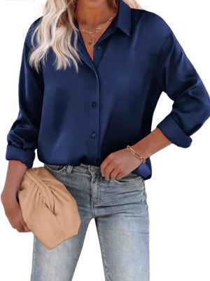 Women’s Satin Silk Button-Down Shirt: Casual Loose Long Sleeve Satin Top