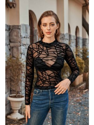 Stylish Sophistication: Turtleneck Short Sleeve Transparent Mesh Long Sleeve Top for Women