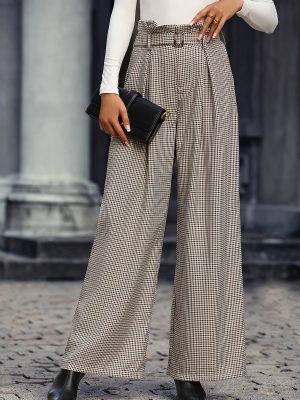 High Waist Plaid Wide Leg Pants: Office Casual Wear