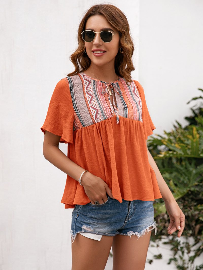 Summer Bohemian Neckline Hollow Out Lace Short Sleeve Babydoll Top for Women - Image 4