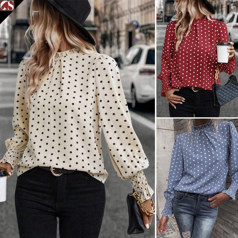 Goods Women Clothing: Ruffled Polka Dot Printed Puff Sleeve Elegant Women's Shirt - Image 5