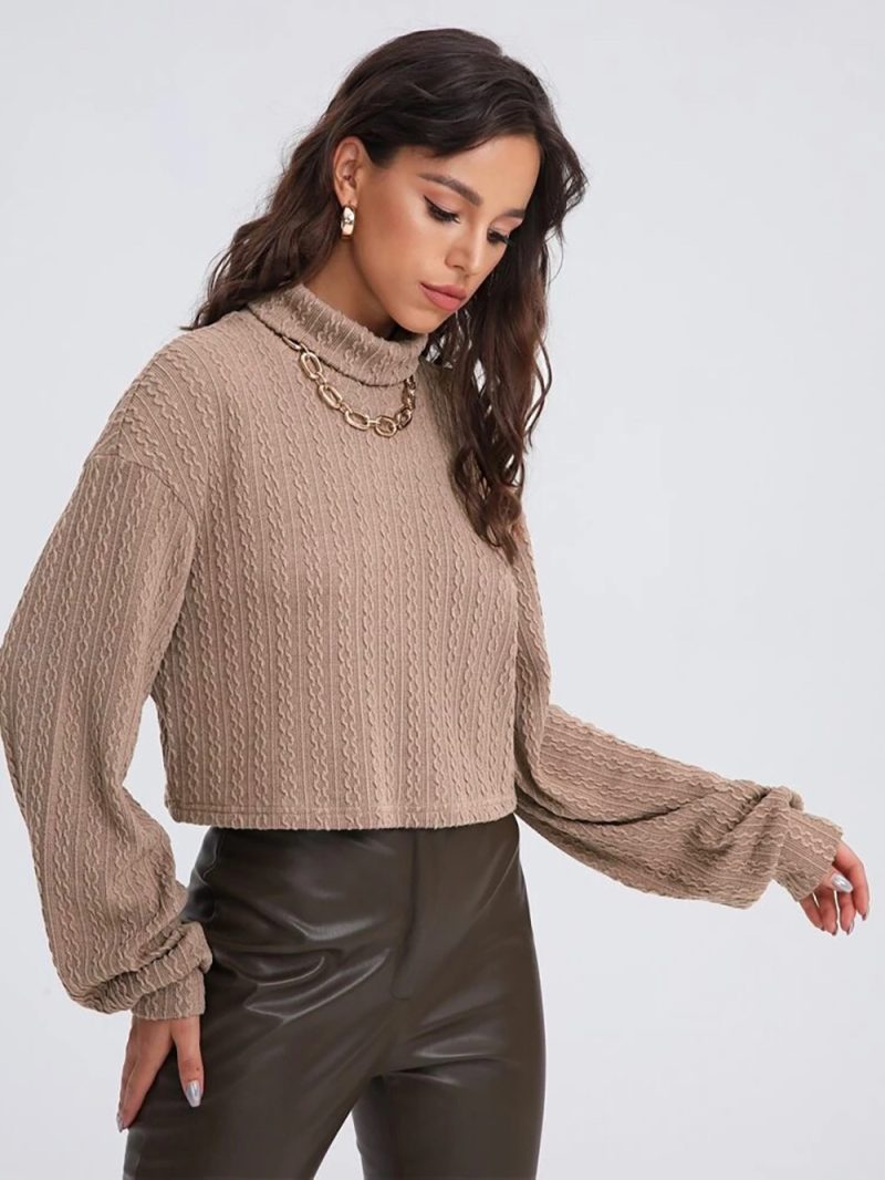 Autumn Winter Pullover High Neck Solid Color Loose Short Office Sweater for Women with Twist Knit Long Sleeves - Image 2