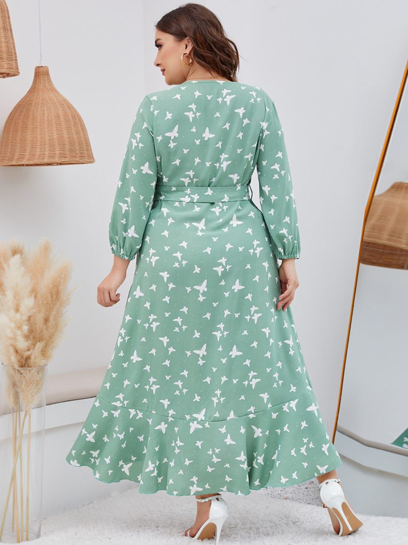 Butterfly Beauty: Plus Size Casual Dress with Butterfly Print, Ruffled Hem, and Tied V-Neck, Perfect for Autumn and Spring - Image 5