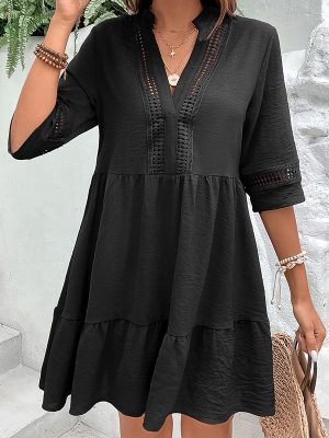 Elegant Hollow Out Midi Dress: V-neck, Short Sleeve