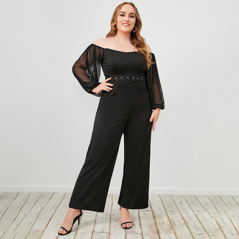Spring Plus Size Women's Bodysuit: One-Neck Belt Waist Slim Fit - Image 2