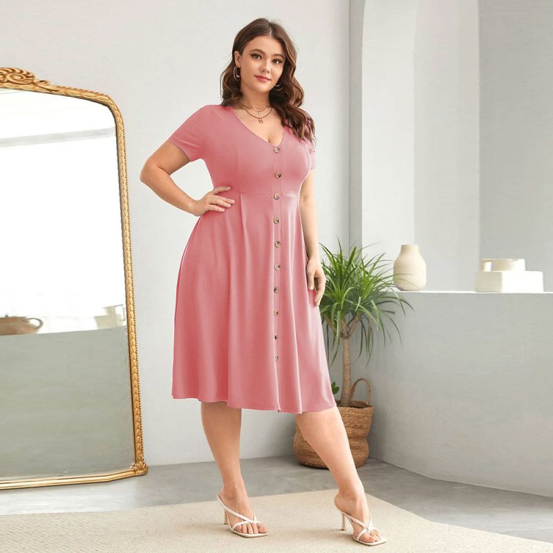 Plus Size Spring/Summer Office Dress: V-Neck, Waist Controlled Large Hem, Short Sleeve - Image 4