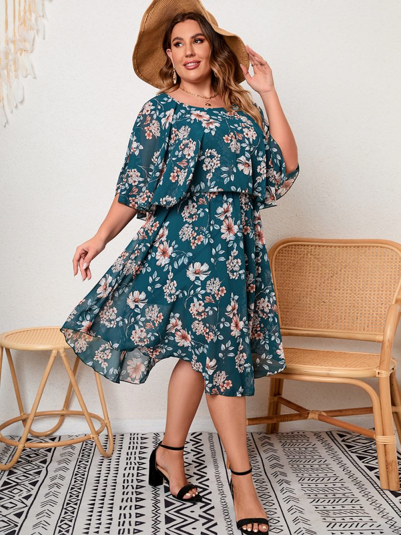 Plus Size Ladies Round Neck Ruffled Waist Tight Elegant Big Hem Printed Dress - Image 2