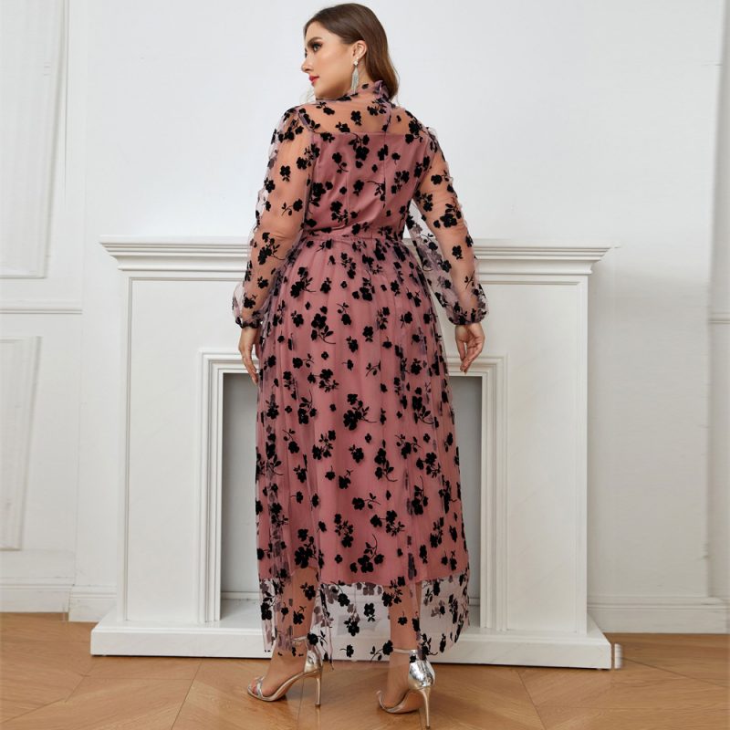 Autumn Flocking Mesh Dress for Plus Size Women - Image 4