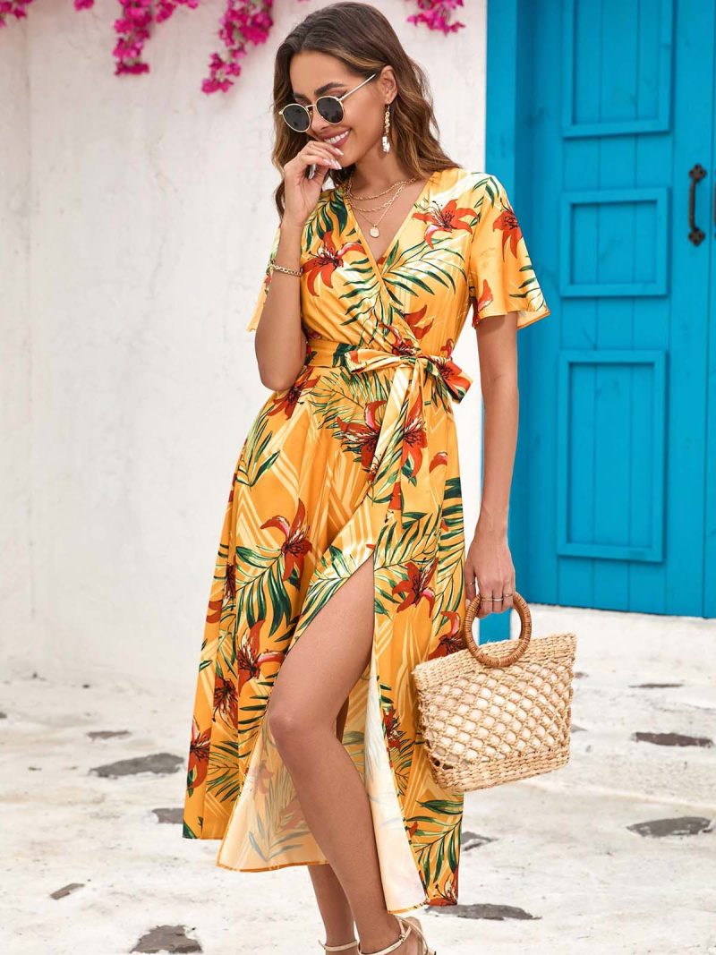 Popular Summer Printed Split Midi Dress - Image 3