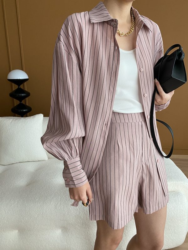 Early Spring Style: Morandi French Striped Sun Protection Shirt & Shorts Two-Piece Suit - Image 3