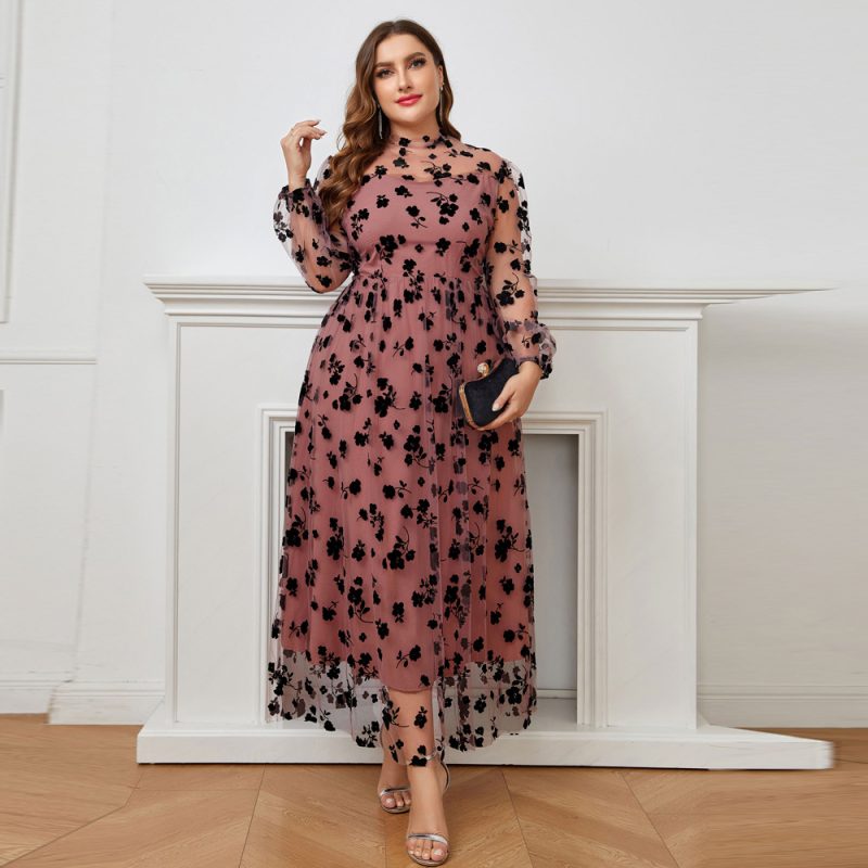 Autumn Flocking Mesh Dress for Plus Size Women - Image 2