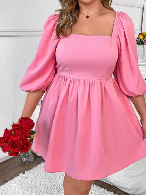 Plus Size French Square Collar A-Line Mini Dress: Long Puff Sleeves, Casual Style”