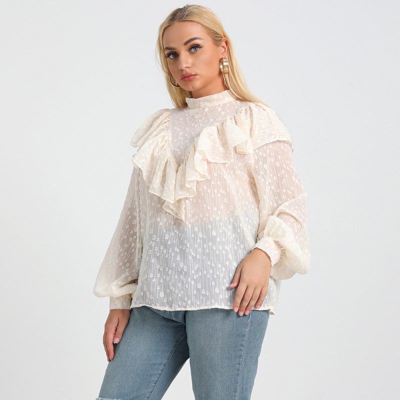 Plus Size Autumn Office Long Sleeve Loose Polka Dot Top with Lotus Leaf Detailing - Image 3