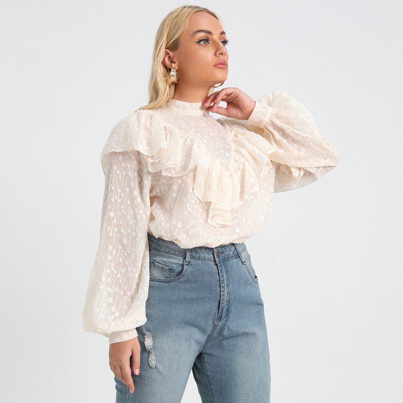 Plus Size Autumn Office Long Sleeve Loose Polka Dot Top with Lotus Leaf Detailing - Image 2