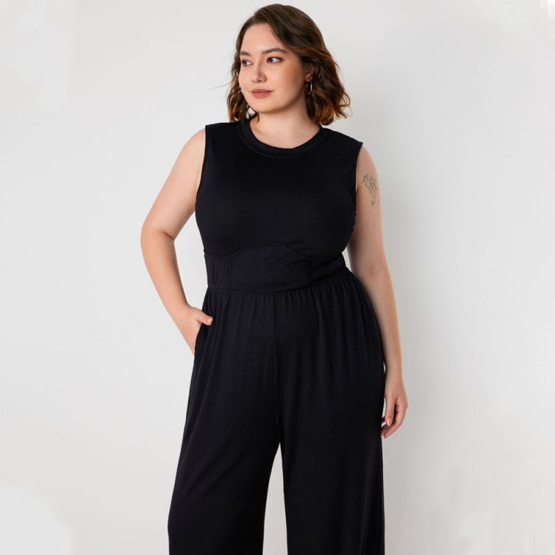 Plus Size Sleeveless Waist-Trimming Jumpsuit: Casual Solid Color, Slimming, All Matching - Image 4