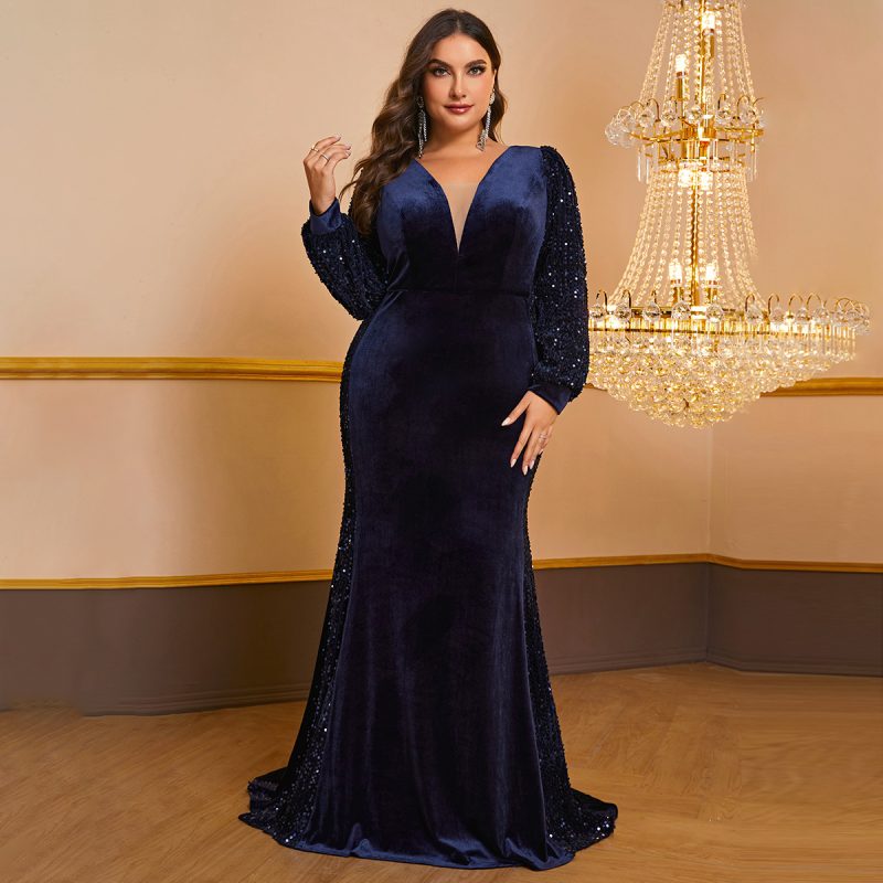 Plus Size Velvet Sequined Lantern Sleeve Dress: Graceful Fishtail