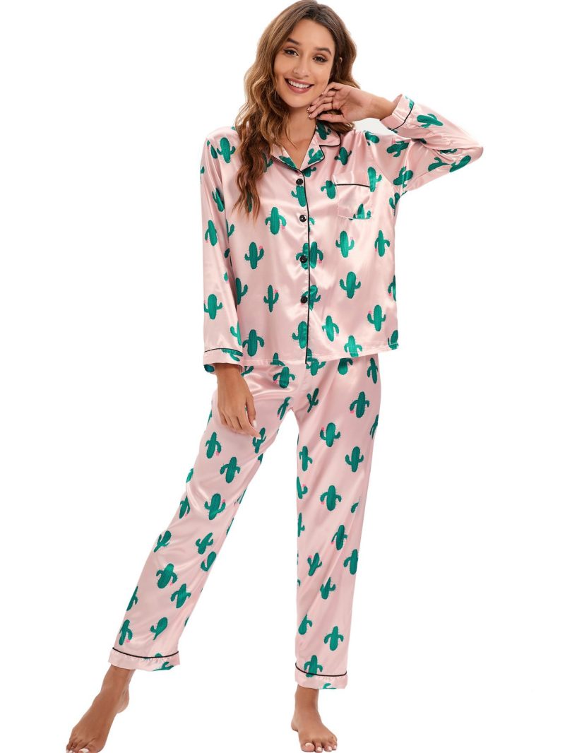 Long-Sleeved Trousers Satin Cardigan Pajama Suit: Women's Home Wear