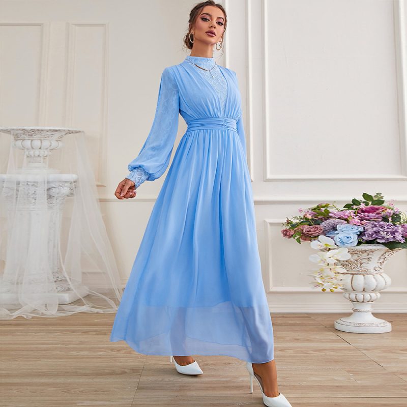 Round Neck Long Sleeve Lace Mesh Dress for Women