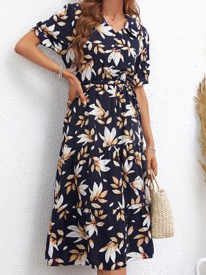 Popular French Printed Dress: Slimming, Short Sleeve