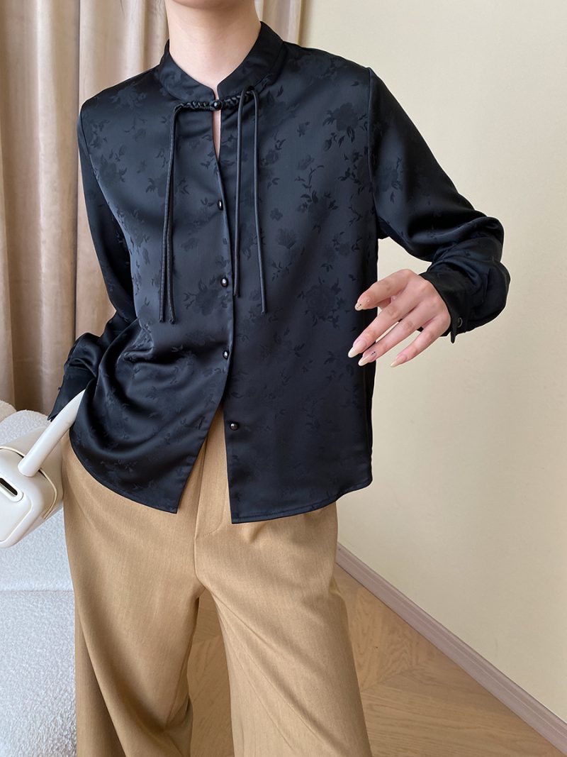 Chinese Dark Pattern Jacquard Early Autumn National Buckle Stand Collar Vertical Sense Diligent Shoulder Shirt - Image 5