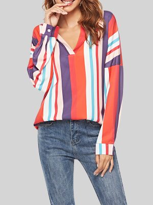 Color Stripes V-Neck Long Sleeve Shirt: Women’s