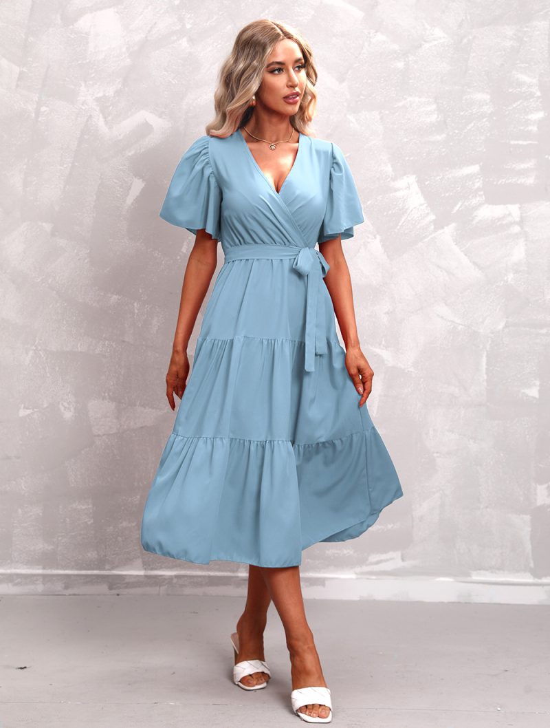 Women's Summer Solid Color V-Neck Short Sleeve Dress - Image 3